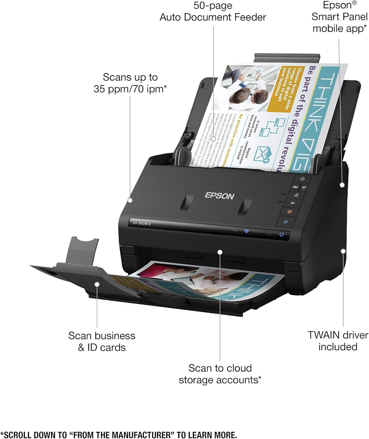 imageEpson Workforce ES500W II Wireless Color Duplex Desktop Document Scanner for PC and Mac with Auto Document Feeder ADF and Scan from Smartphone or TabletES500W II  Renewed