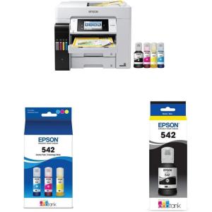 imageEpson EcoTank Pro ET5880 Wireless Color AllinOne Supertank Printer with Scanner Copier Fax Ethernet and PCLPostscript WhiteET5880  T542 Ink  EPSON T542