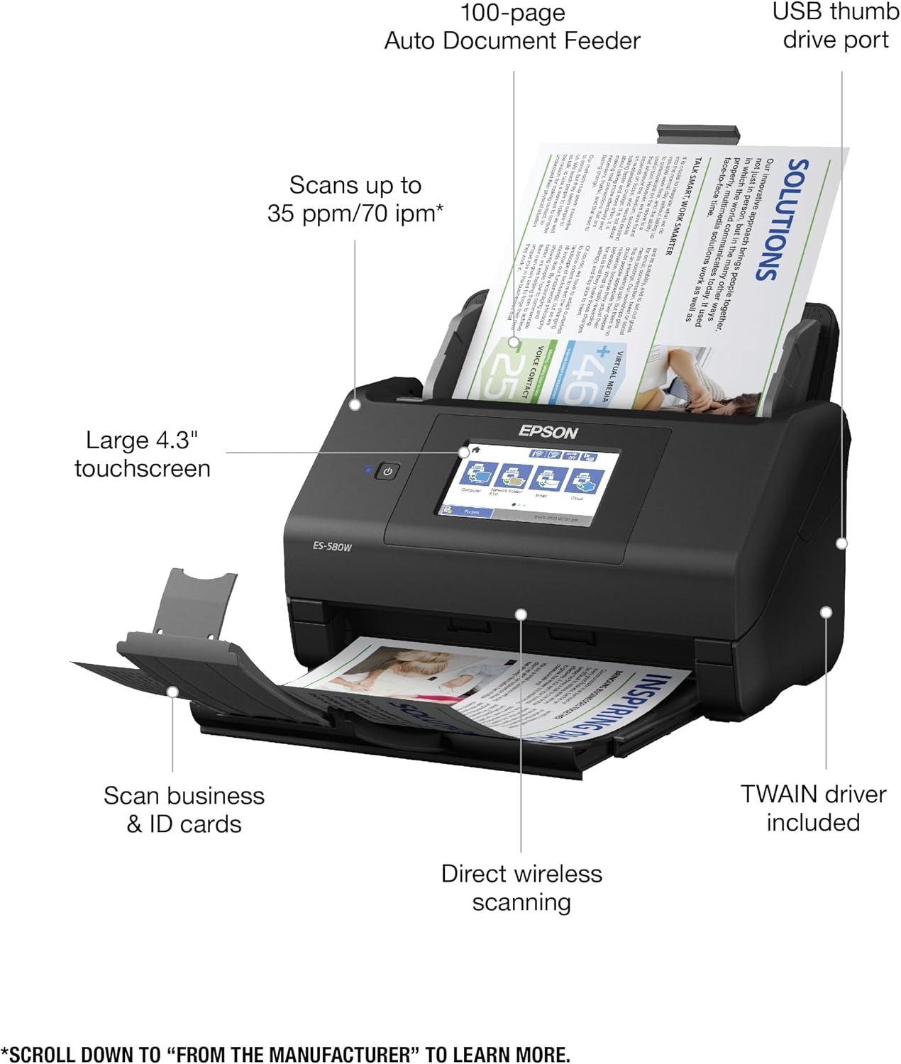 image:imageEpson Workforce ES590W Wireless amp USB HighSpeed AI amp Cloud Ready Desktop Color Duplex Document Scanner for Mac amp PC up to 45 ppm Large 43 Color Touchscreen 100Page Auto Document FeederES580W