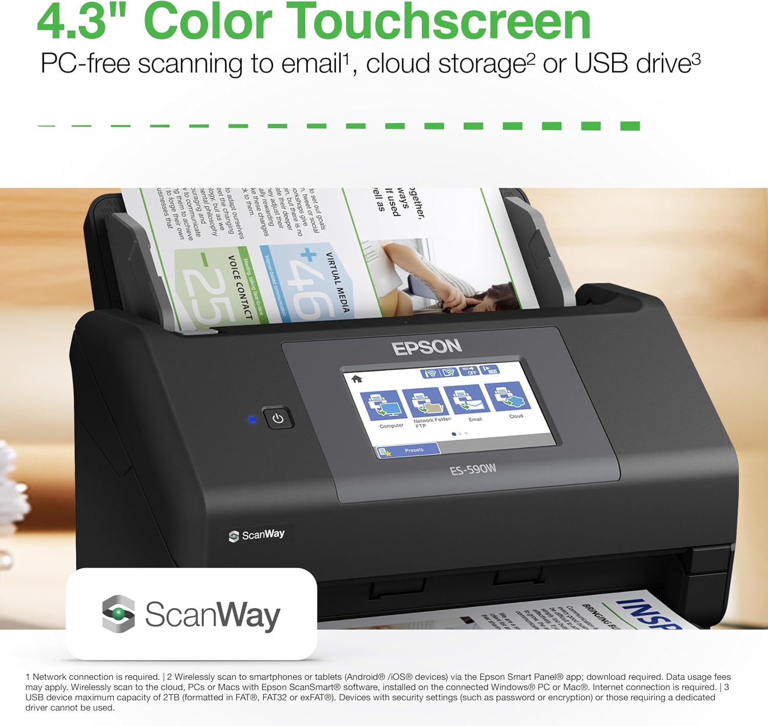 image:imageEpson Workforce ES590W Wireless amp USB HighSpeed AI amp Cloud Ready Desktop Color Duplex Document Scanner for Mac amp PC up to 45 ppm Large 43 Color Touchscreen 100Page Auto Document FeederES590W
