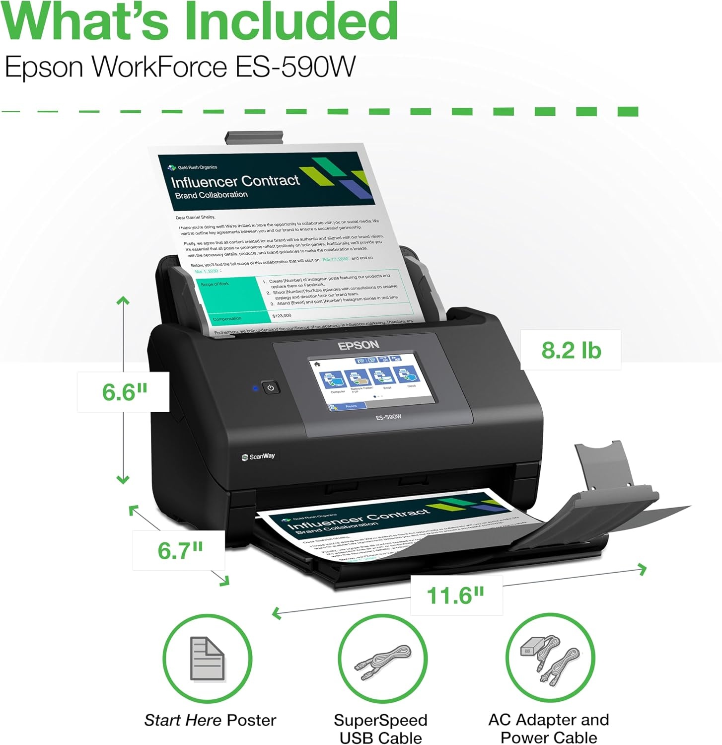 image:imageEpson Workforce ES590W Wireless amp USB HighSpeed AI amp Cloud Ready Desktop Color Duplex Document Scanner for Mac amp PC up to 45 ppm Large 43 Color Touchscreen 100Page Auto Document FeederES590W