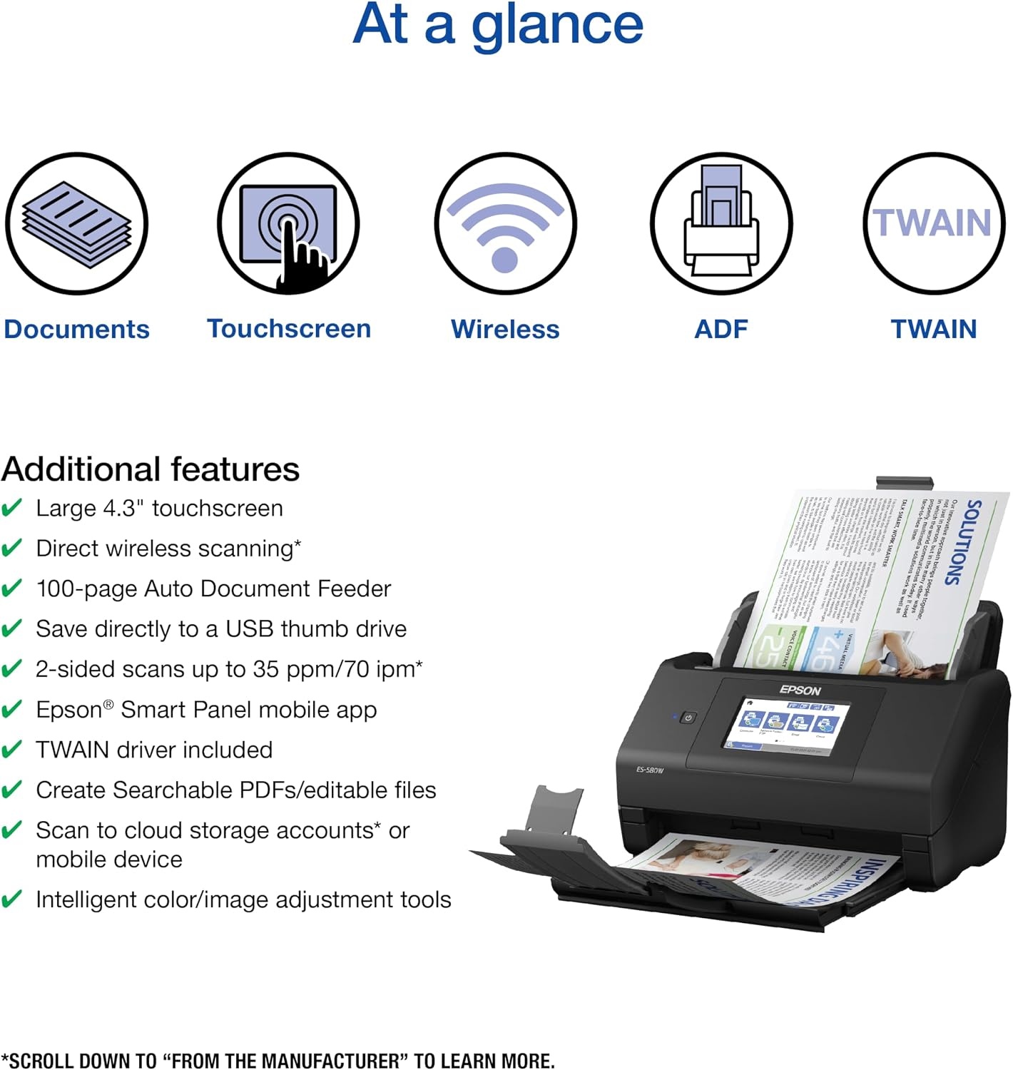image:imageEpson Workforce ES590W Wireless amp USB HighSpeed AI amp Cloud Ready Desktop Color Duplex Document Scanner for Mac amp PC up to 45 ppm Large 43 Color Touchscreen 100Page Auto Document FeederES580W
