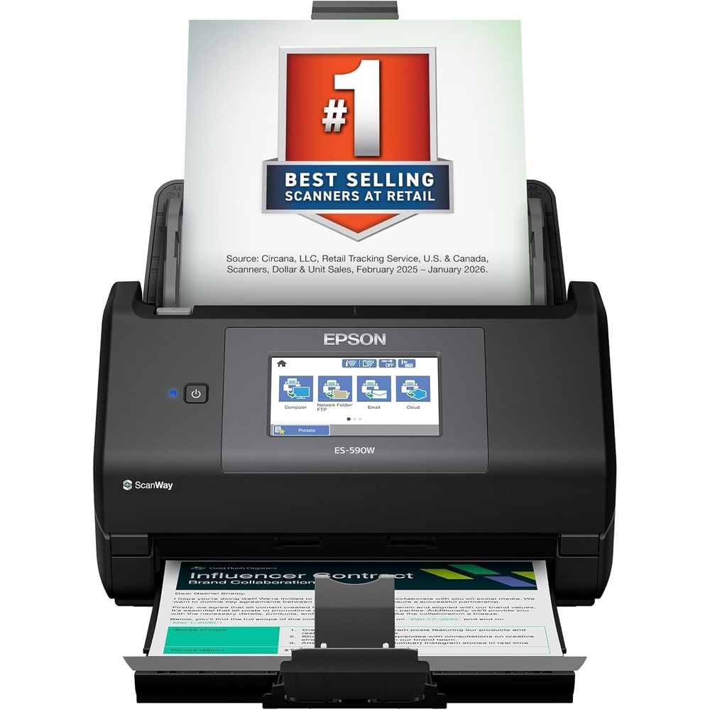 image:imageEpson Workforce ES590W Wireless amp USB HighSpeed AI amp Cloud Ready Desktop Color Duplex Document Scanner for Mac amp PC up to 45 ppm Large 43 Color Touchscreen 100Page Auto Document FeederES590W